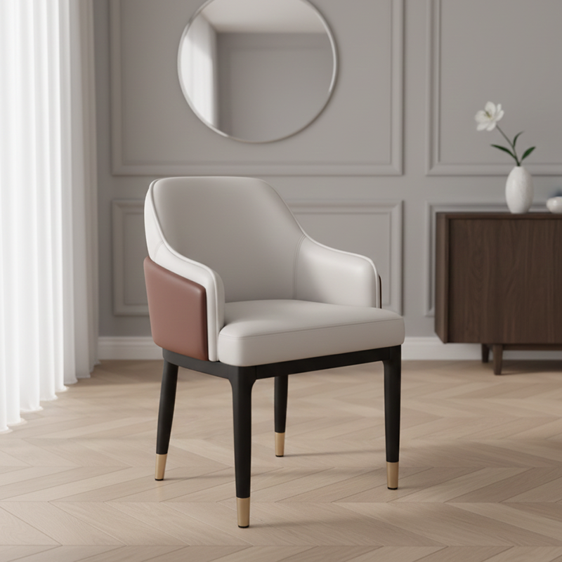 Chaise de salle à manger moderne minimaliste carrée rectangulaire en cuir à gratter pour chat, bois de hêtre et acier au carbone, avec dossier et accoudoirs, pour salle à manger et cuisine 