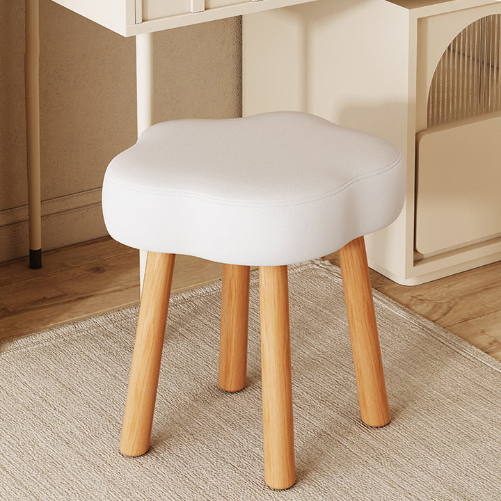 Tabouret bas de salon moderne minimaliste en tissu technique polaire façon mouton en forme de fleur, bois de hêtre, bois massif, contreplaqué 