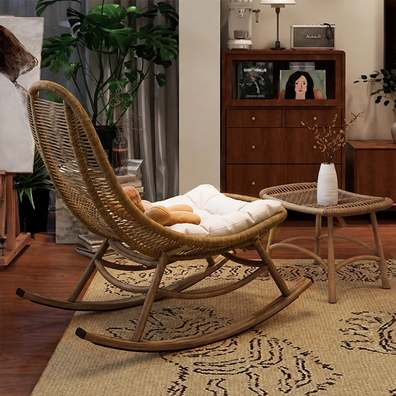 Chaise à bascule moderne minimaliste en rotin PE, fer et tissage coton-lin, dossier en ellipse, sans accoudoirs, pour salon 
