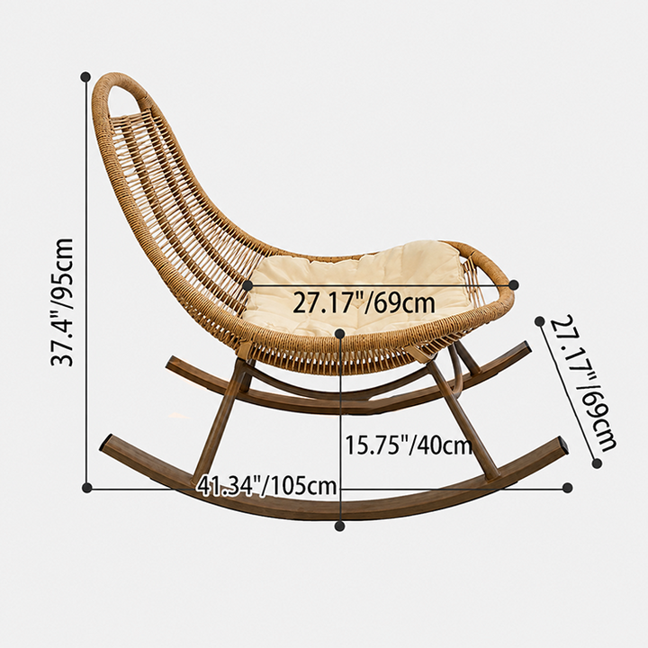 Chaise à bascule moderne minimaliste en rotin PE, fer et tissage coton-lin, dossier en ellipse, sans accoudoirs, pour salon 