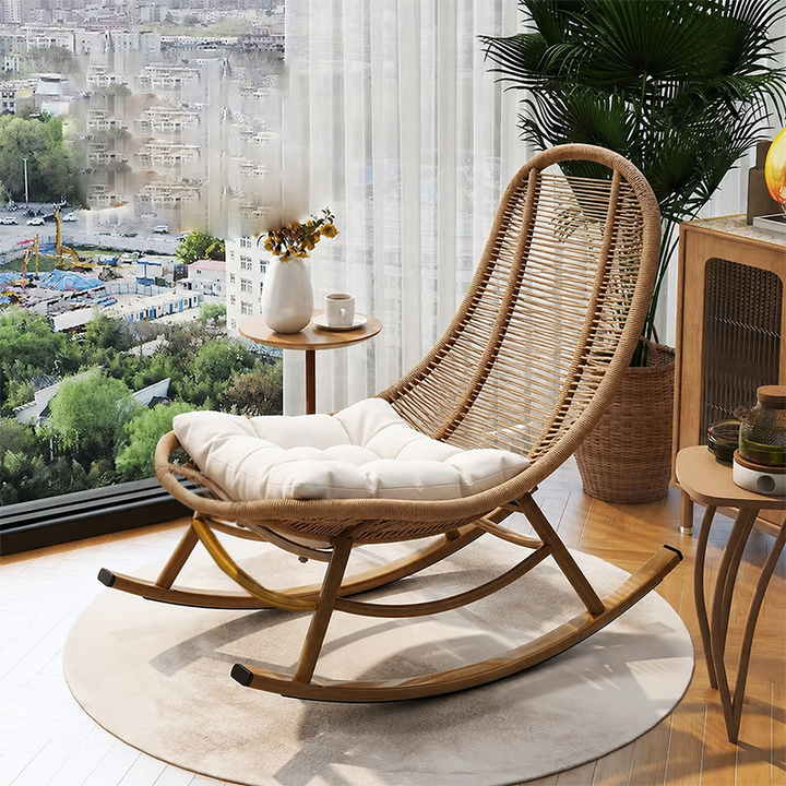 Chaise à bascule moderne minimaliste en rotin PE, fer et tissage coton-lin, dossier en ellipse, sans accoudoirs, pour salon 