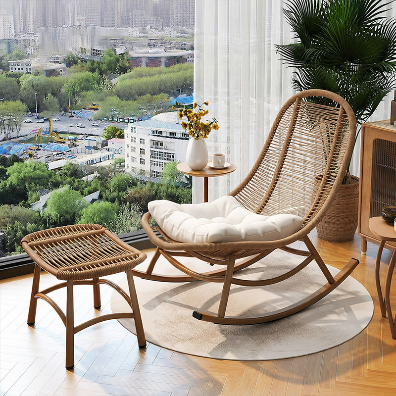 Chaise à bascule moderne minimaliste en rotin PE, fer et tissage coton-lin, dossier en ellipse, sans accoudoirs, pour salon 