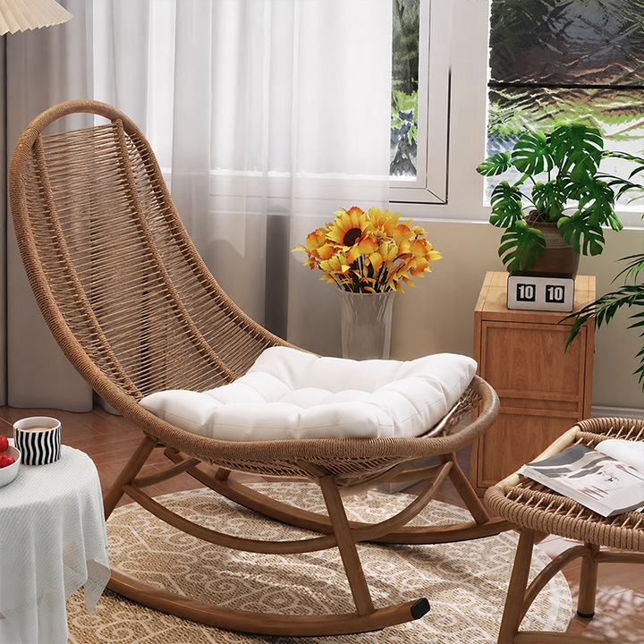 Chaise à bascule moderne minimaliste en rotin PE, fer et tissage coton-lin, dossier en ellipse, sans accoudoirs, pour salon 