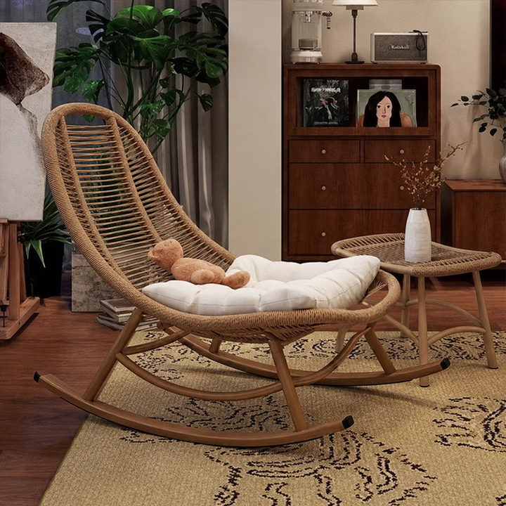 Chaise à bascule moderne minimaliste en rotin PE, fer et tissage coton-lin, dossier en ellipse, sans accoudoirs, pour salon 