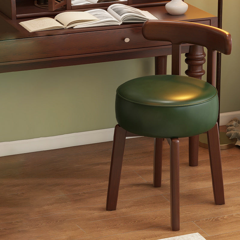 Contemporary Retro Round Oil Wax Leather Rubberwood 360°Swivel Vanity Stool Backrest Armless For Bedroom