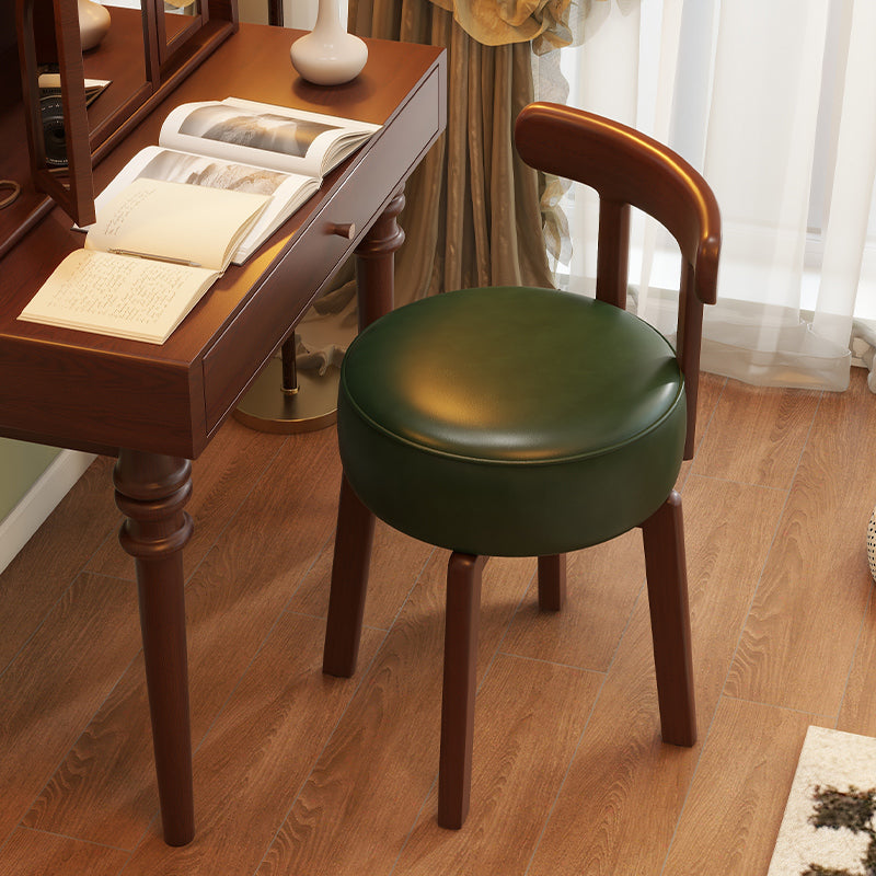 Contemporary Retro Round Oil Wax Leather Rubberwood 360°Swivel Vanity Stool Backrest Armless For Bedroom
