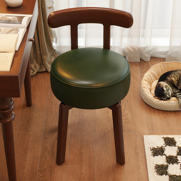 Contemporary Retro Round Oil Wax Leather Rubberwood 360°Swivel Vanity Stool Backrest Armless For Bedroom