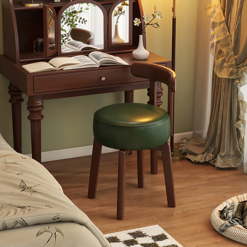 Contemporary Retro Round Oil Wax Leather Rubberwood 360°Swivel Vanity Stool Backrest Armless For Bedroom