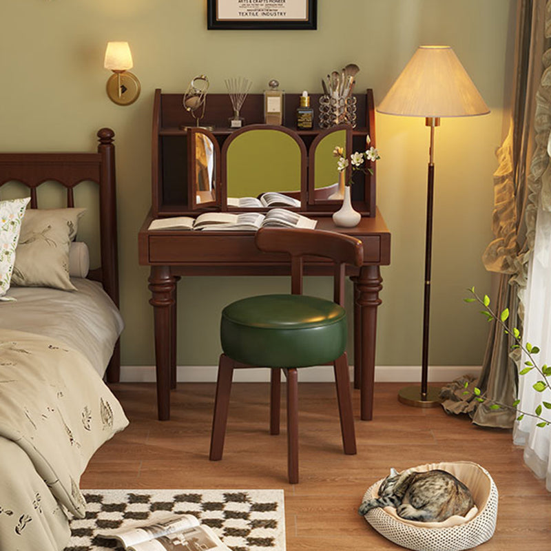 Contemporary Retro Round Oil Wax Leather Rubberwood 360°Swivel Vanity Stool Backrest Armless For Bedroom