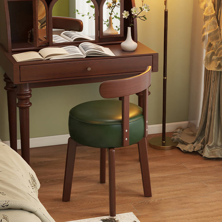 Contemporary Retro Round Oil Wax Leather Rubberwood 360°Swivel Vanity Stool Backrest Armless For Bedroom