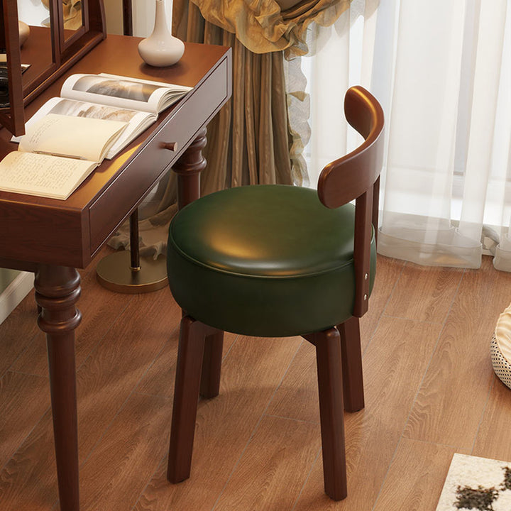 Contemporary Retro Round Oil Wax Leather Rubberwood 360°Swivel Vanity Stool Backrest Armless For Bedroom