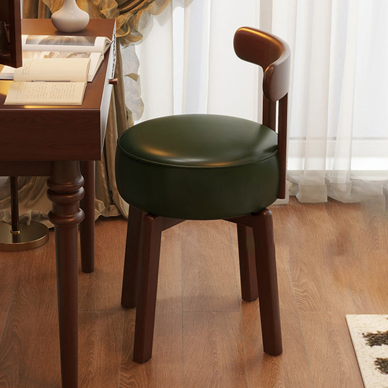 Contemporary Retro Round Oil Wax Leather Rubberwood 360°Swivel Vanity Stool Backrest Armless For Bedroom