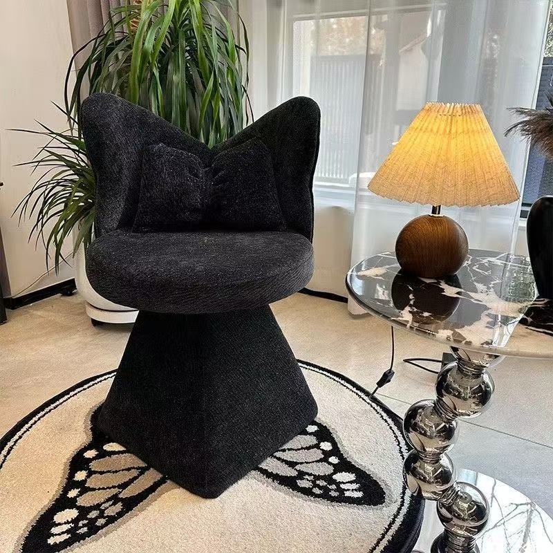 Modern Minimalist Round Star Fabric Solid Wood 360°Swivel Bow Tie Vanity Stool Backrest Armless For Bedroom