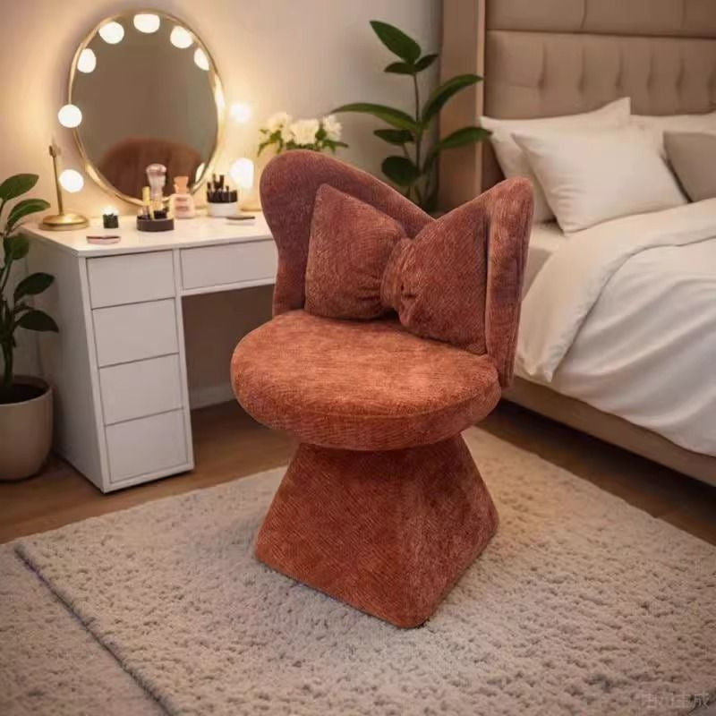 Modern Minimalist Round Star Fabric Solid Wood 360°Swivel Bow Tie Vanity Stool Backrest Armless For Bedroom
