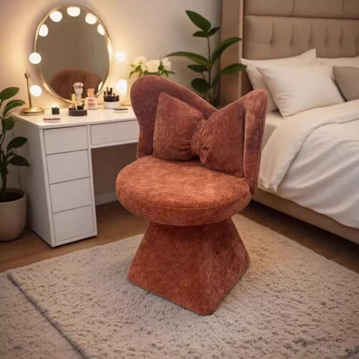 Modern Minimalist Round Star Fabric Solid Wood 360°Swivel Bow Tie Vanity Stool Backrest Armless For Bedroom