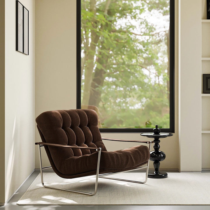 Chaise d’appoint contemporaine nordique carrée rectangulaire en velours côtelé et acier inoxydable avec dossier et accoudoirs pour salon 