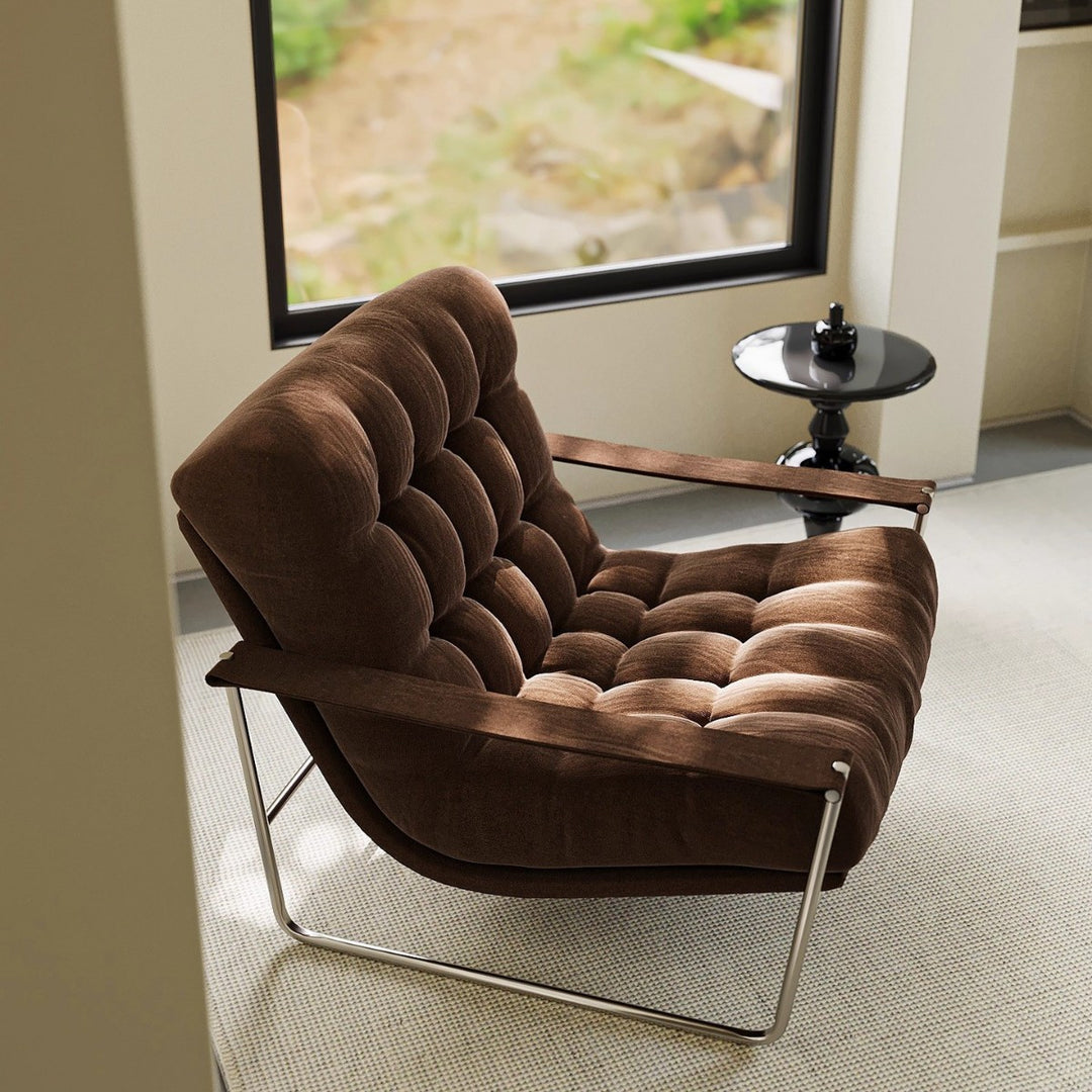 Chaise d’appoint contemporaine nordique carrée rectangulaire en velours côtelé et acier inoxydable avec dossier et accoudoirs pour salon 