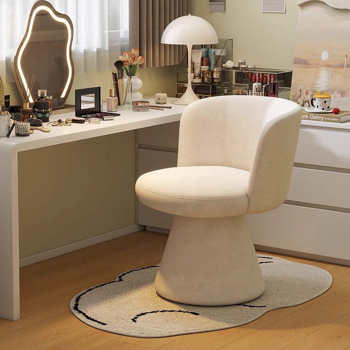 Taburete tocador giratorio 360° contemporáneo nórdico redondo de chenilla y madera maciza, con respaldo y sin brazos, para dormitorio 