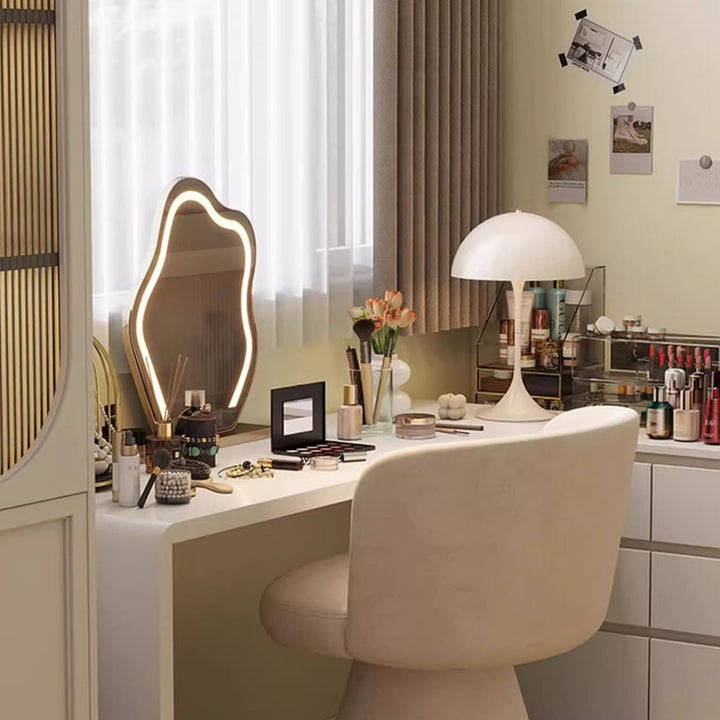Taburete tocador giratorio 360° contemporáneo nórdico redondo de chenilla y madera maciza, con respaldo y sin brazos, para dormitorio 