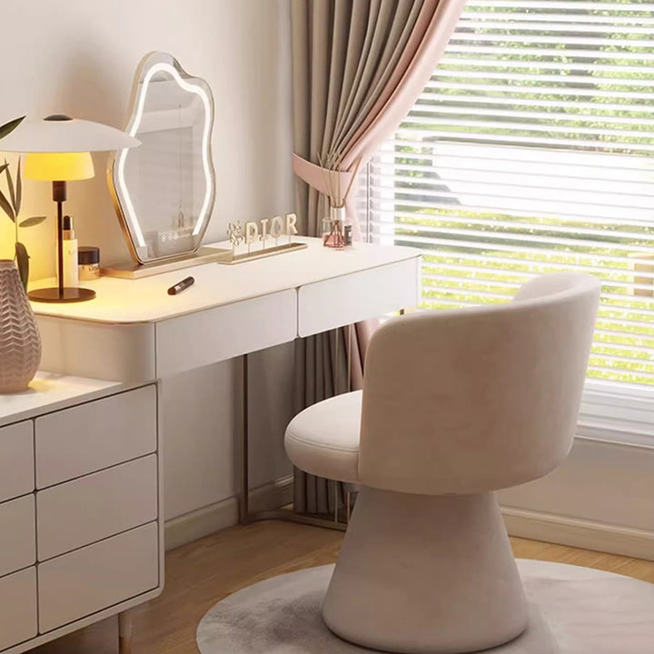 Taburete tocador giratorio 360° contemporáneo nórdico redondo de chenilla y madera maciza, con respaldo y sin brazos, para dormitorio 