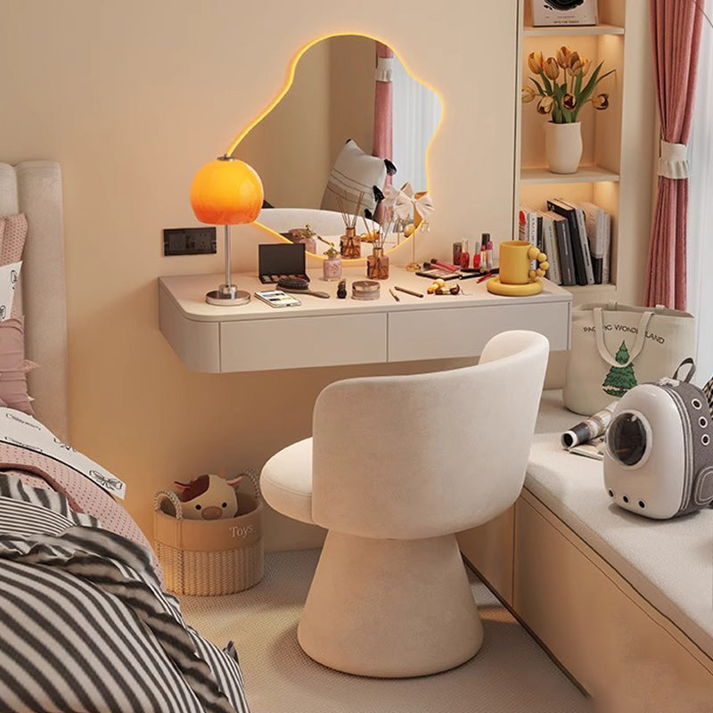 Taburete tocador giratorio 360° contemporáneo nórdico redondo de chenilla y madera maciza, con respaldo y sin brazos, para dormitorio 