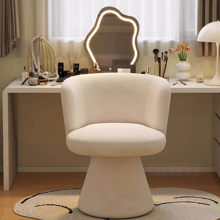 Taburete tocador giratorio 360° contemporáneo nórdico redondo de chenilla y madera maciza, con respaldo y sin brazos, para dormitorio 
