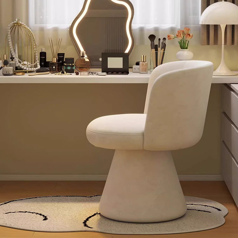 Taburete tocador giratorio 360° contemporáneo nórdico redondo de chenilla y madera maciza, con respaldo y sin brazos, para dormitorio 