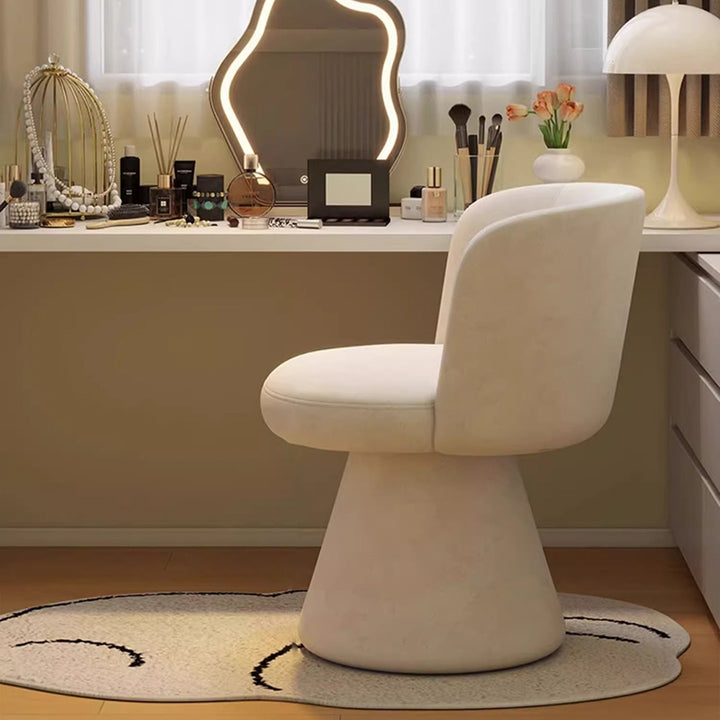 Taburete tocador giratorio 360° contemporáneo nórdico redondo de chenilla y madera maciza, con respaldo y sin brazos, para dormitorio 
