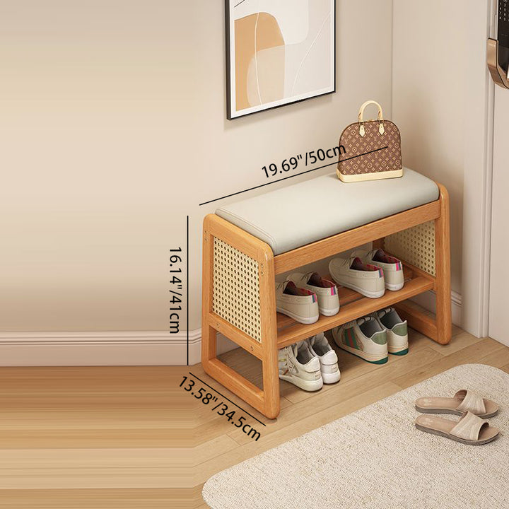 Banco para zapatos moderno minimalista rectangular de cuero PU, madera maciza, plástico, tejido de ratán de 2 niveles para entradas 
