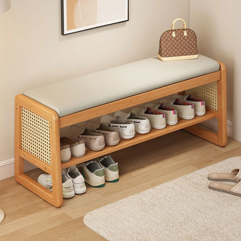 Banco para zapatos moderno minimalista rectangular de cuero PU, madera maciza, plástico, tejido de ratán de 2 niveles para entradas 