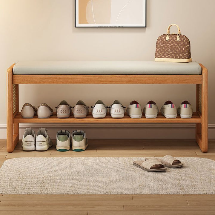 Banco para zapatos moderno minimalista rectangular de cuero PU, madera maciza, plástico, tejido de ratán de 2 niveles para entradas 