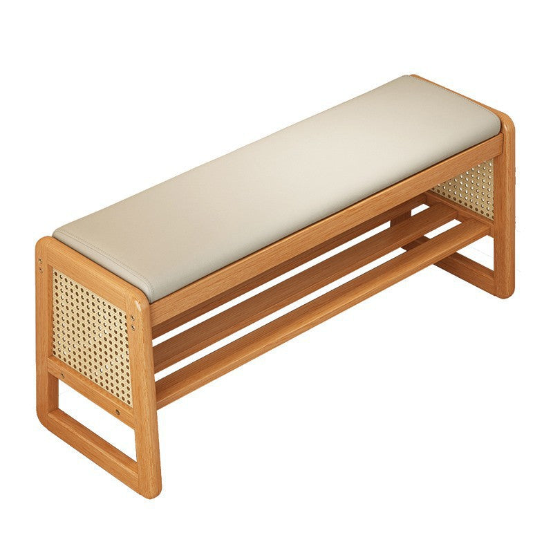 Banco para zapatos moderno minimalista rectangular de cuero PU, madera maciza, plástico, tejido de ratán de 2 niveles para entradas 
