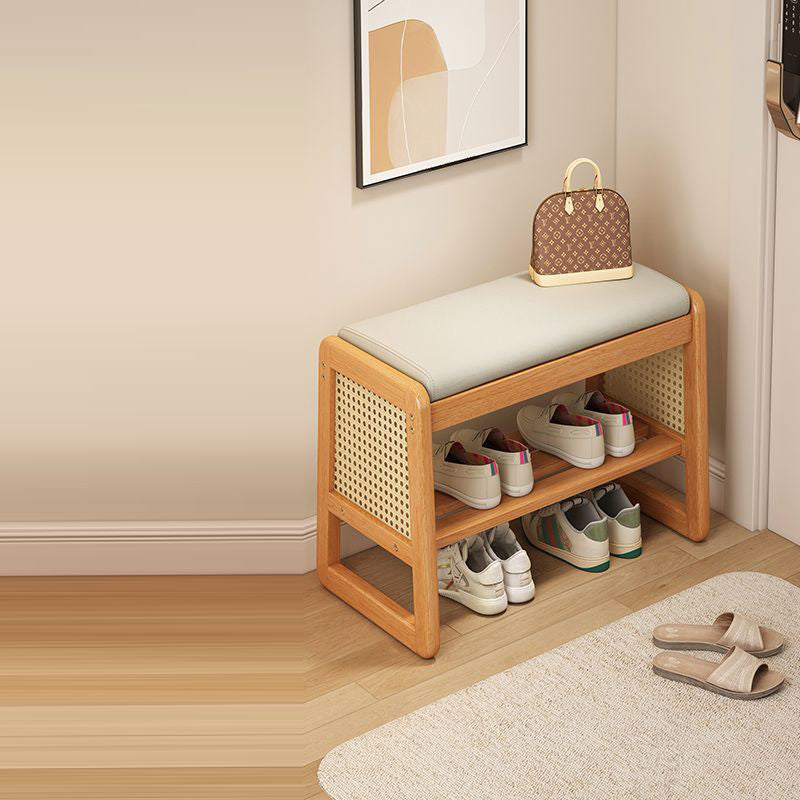 Banco para zapatos moderno minimalista rectangular de cuero PU, madera maciza, plástico, tejido de ratán de 2 niveles para entradas 