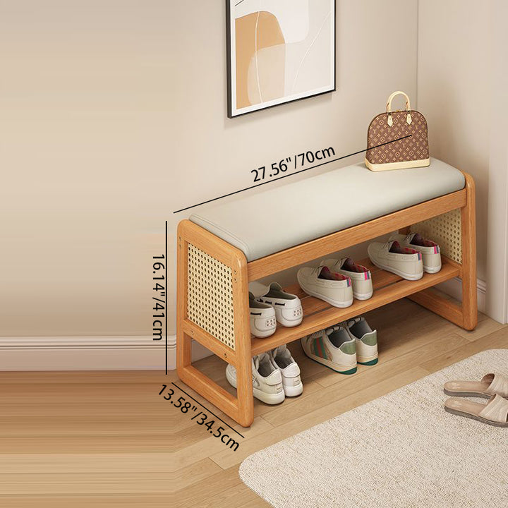 Banco para zapatos moderno minimalista rectangular de cuero PU, madera maciza, plástico, tejido de ratán de 2 niveles para entradas 