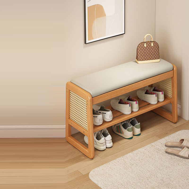 Banco para zapatos moderno minimalista rectangular de cuero PU, madera maciza, plástico, tejido de ratán de 2 niveles para entradas 