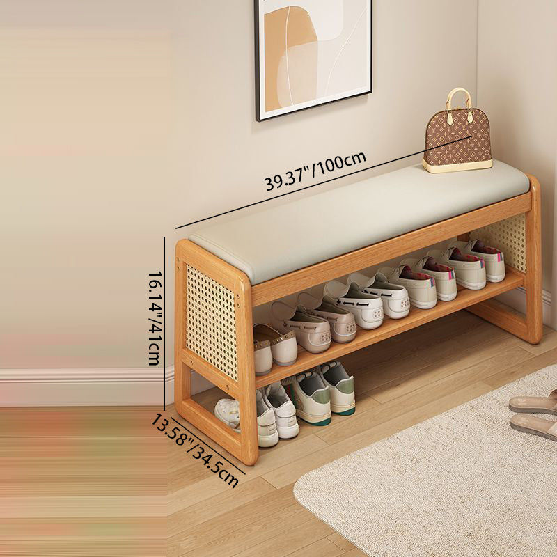 Banco para zapatos moderno minimalista rectangular de cuero PU, madera maciza, plástico, tejido de ratán de 2 niveles para entradas 