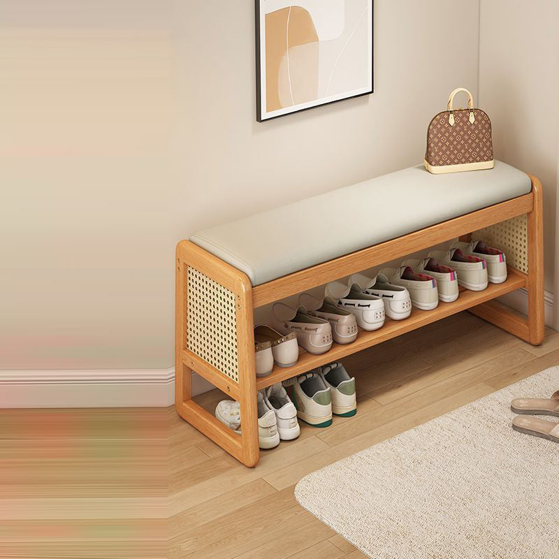 Banco para zapatos moderno minimalista rectangular de cuero PU, madera maciza, plástico, tejido de ratán de 2 niveles para entradas 