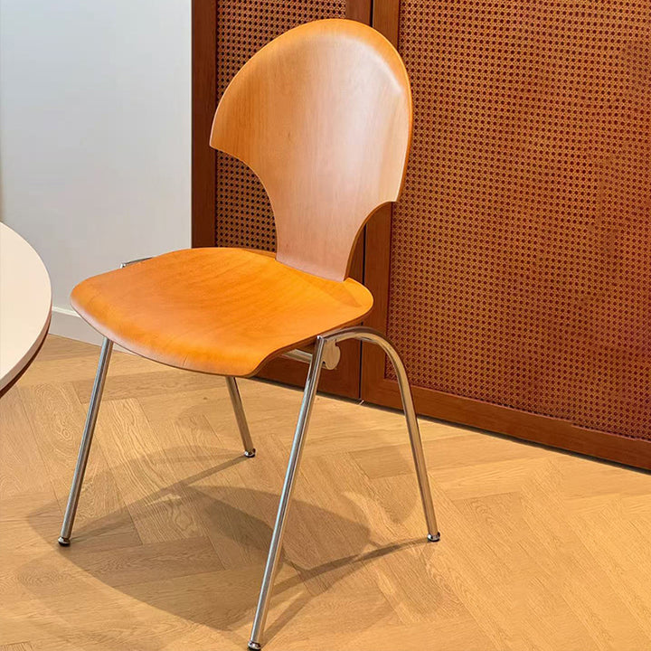 Chaise de salle à manger empilable contemporaine rétro carrée en bois de hêtre et fer, dossier en forme de ginkgo, sans accoudoirs, pour salle à manger et cuisine 