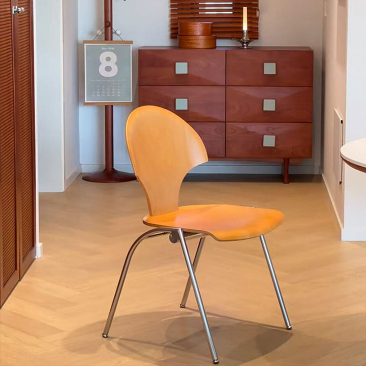 Chaise de salle à manger empilable contemporaine rétro carrée en bois de hêtre et fer, dossier en forme de ginkgo, sans accoudoirs, pour salle à manger et cuisine 
