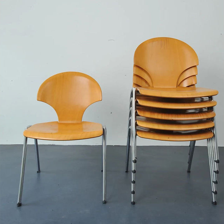 Chaise de salle à manger empilable contemporaine rétro carrée en bois de hêtre et fer, dossier en forme de ginkgo, sans accoudoirs, pour salle à manger et cuisine 