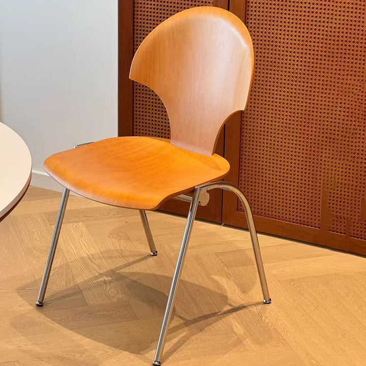 Chaise de salle à manger empilable contemporaine rétro carrée en bois de hêtre et fer, dossier en forme de ginkgo, sans accoudoirs, pour salle à manger et cuisine 
