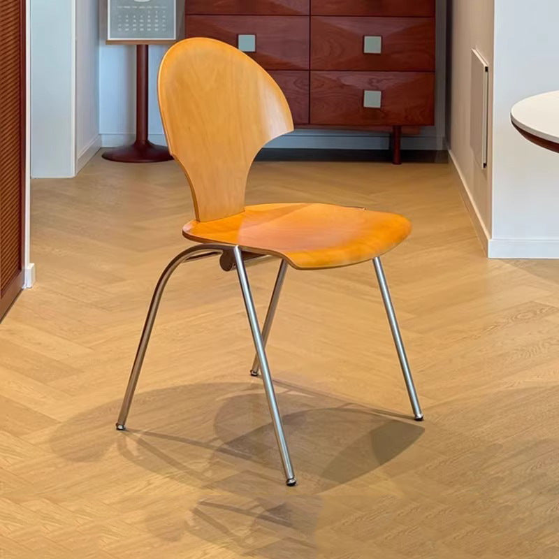 Chaise de salle à manger empilable contemporaine rétro carrée en bois de hêtre et fer, dossier en forme de ginkgo, sans accoudoirs, pour salle à manger et cuisine 