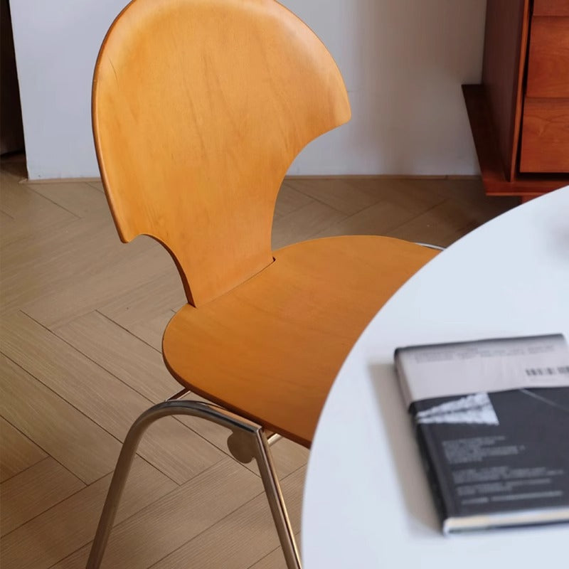 Chaise de salle à manger empilable contemporaine rétro carrée en bois de hêtre et fer, dossier en forme de ginkgo, sans accoudoirs, pour salle à manger et cuisine 