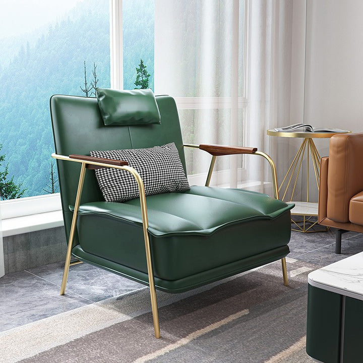 Chaise d'appoint contemporaine nordique carrée rectangulaire en cuir PU, fer et bois d'eucalyptus avec dossier et accoudoirs pour salon 