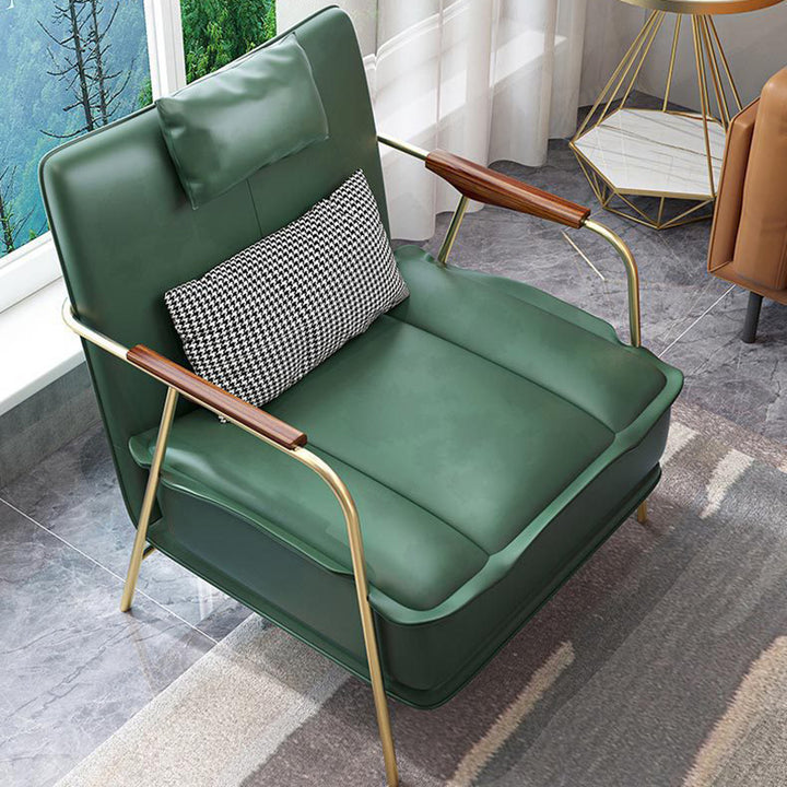 Chaise d'appoint contemporaine nordique carrée rectangulaire en cuir PU, fer et bois d'eucalyptus avec dossier et accoudoirs pour salon 