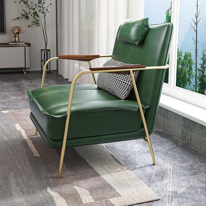 Chaise d'appoint contemporaine nordique carrée rectangulaire en cuir PU, fer et bois d'eucalyptus avec dossier et accoudoirs pour salon 