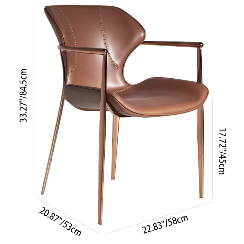 Chaise de salle à manger contemporaine nordique carrée rectangulaire en cuir de selle et acier inoxydable avec dossier et accoudoirs pour salle à manger et cuisine 