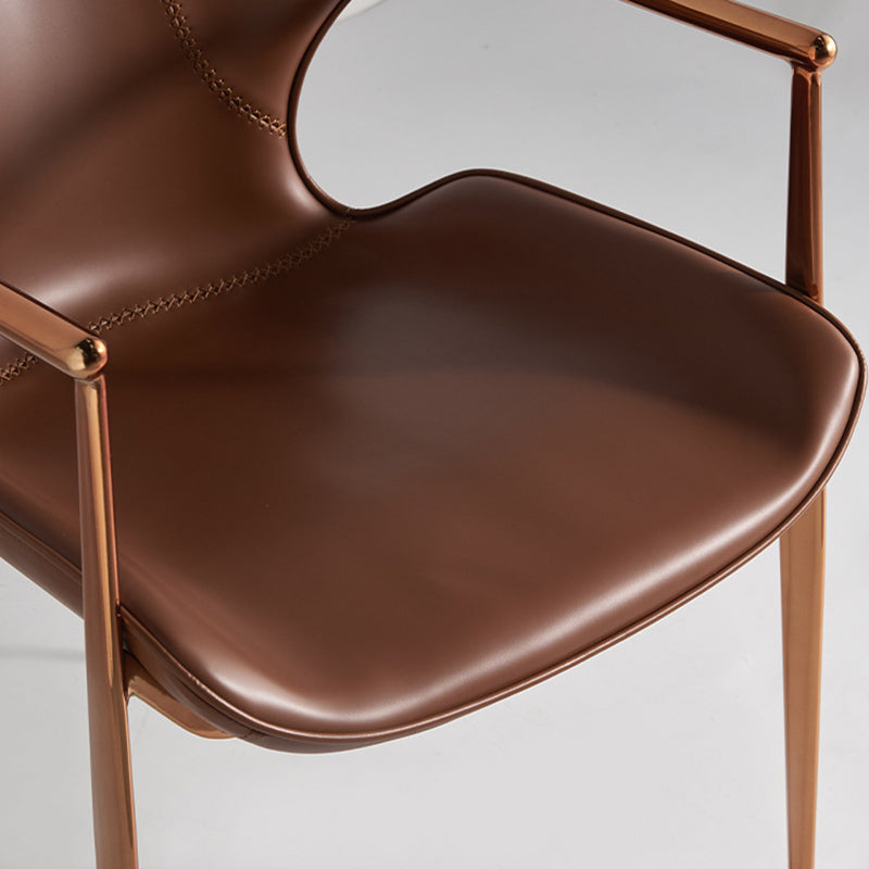 Chaise de salle à manger contemporaine nordique carrée rectangulaire en cuir de selle et acier inoxydable avec dossier et accoudoirs pour salle à manger et cuisine 