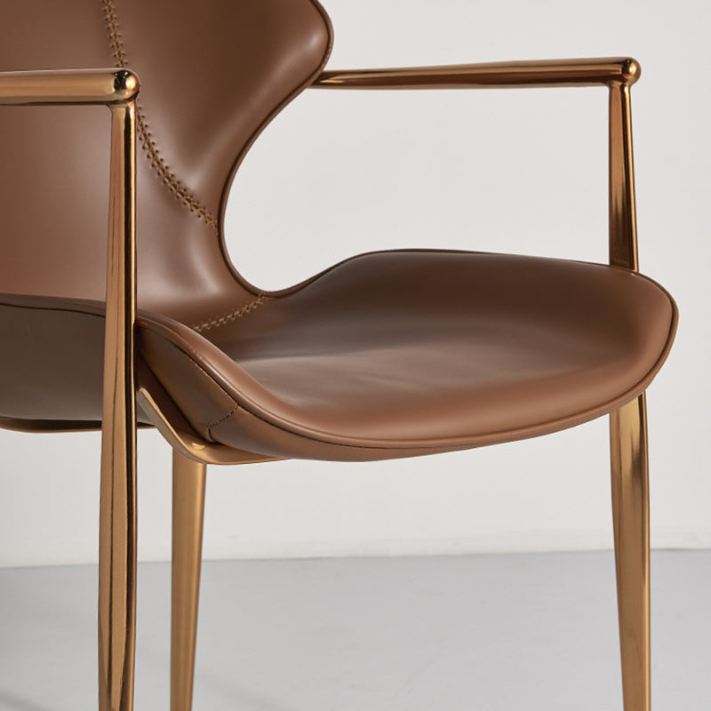 Chaise de salle à manger contemporaine nordique carrée rectangulaire en cuir de selle et acier inoxydable avec dossier et accoudoirs pour salle à manger et cuisine 