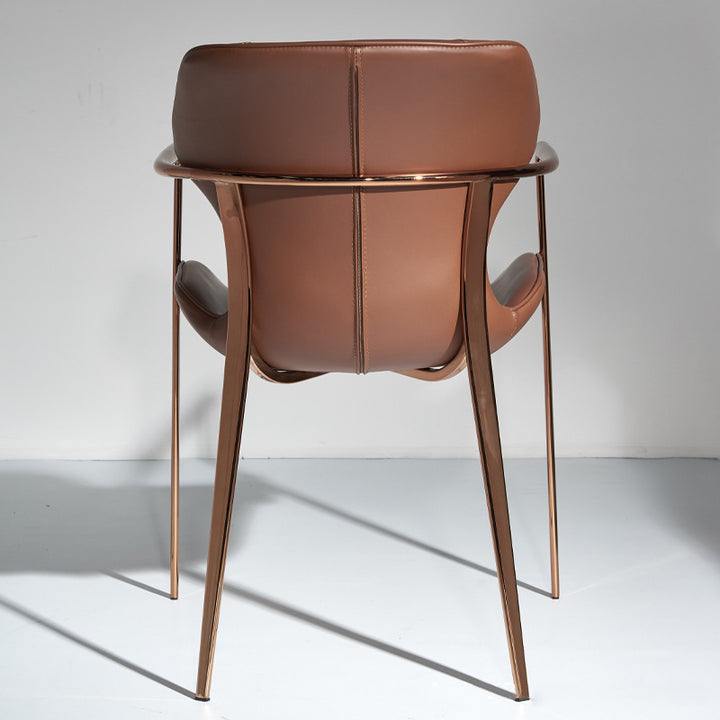 Chaise de salle à manger contemporaine nordique carrée rectangulaire en cuir de selle et acier inoxydable avec dossier et accoudoirs pour salle à manger et cuisine 